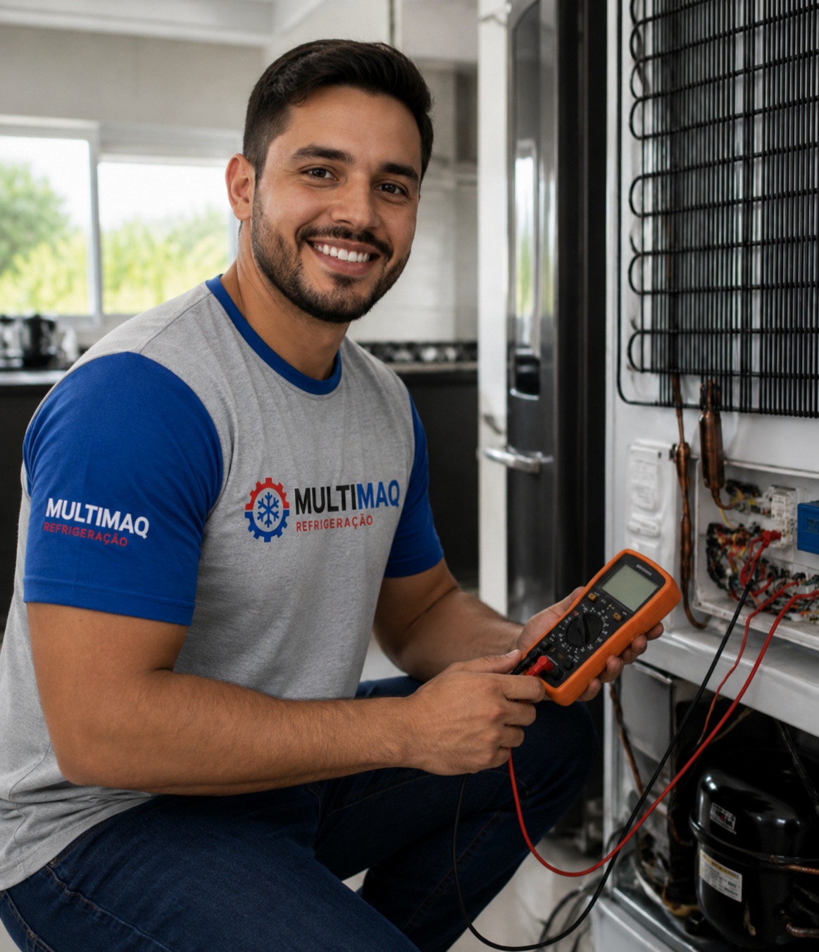 Técnico da Multimaq Refrigeração com uniforme da empresa medindo o sistema elétrico de uma geladeira